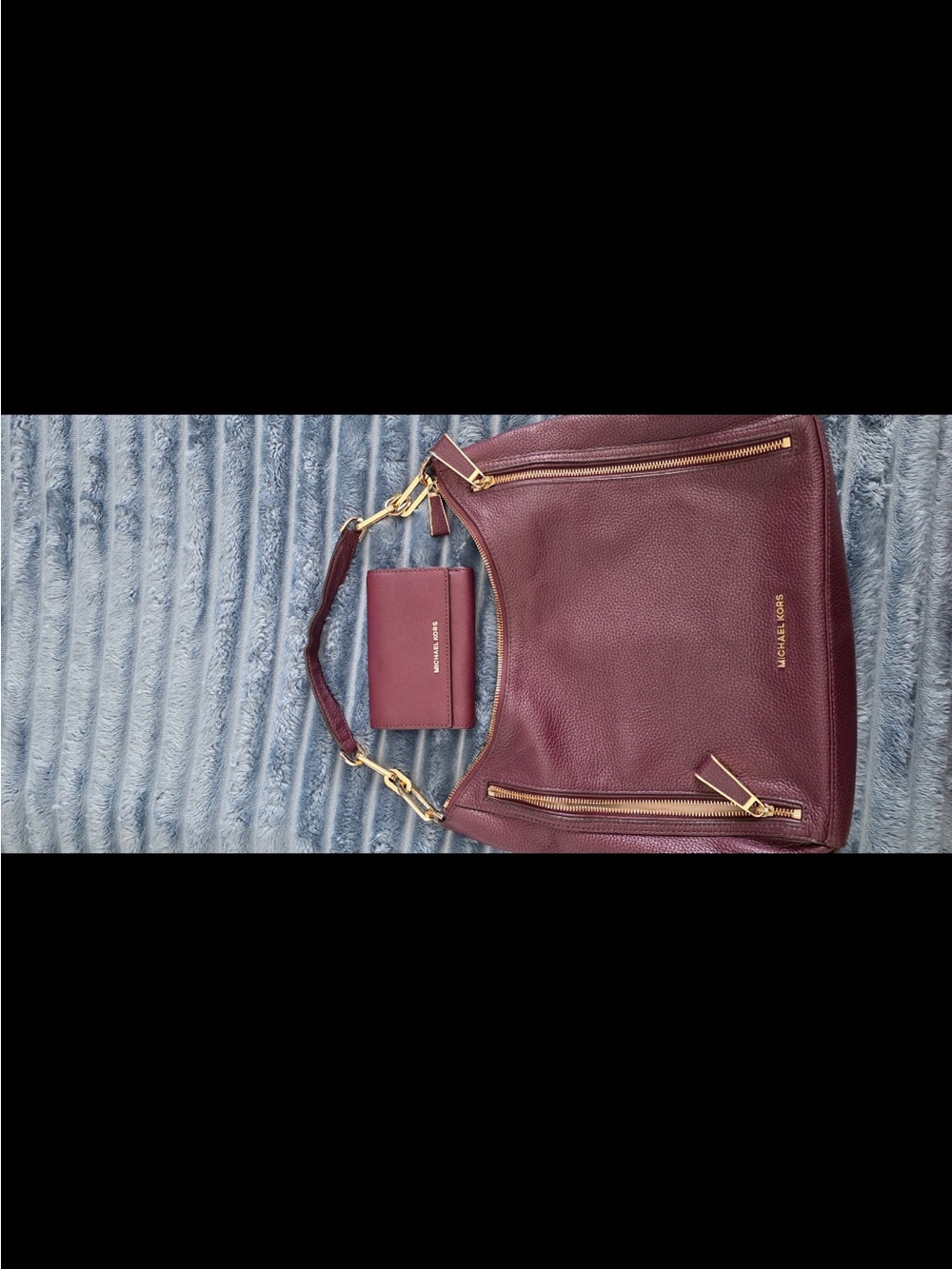 Michael Kors Burgundy Pebbled Leather Hobo Shoulder Bag with Card Wallet